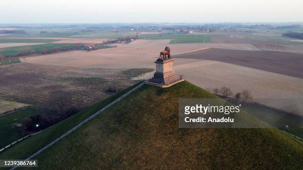 An aerial view of the lion statue in Brussels, Belgium on March 20, 2022. The lion statue is the symbol of the Battle of Waterloo, the last Battle of...