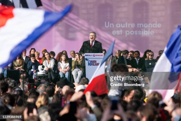 Jean-Luc Melenchon, leader of France Unbowed, speaks at a rally for the establishment of a Sixth Republic, in Paris, France, on Sunday, March 20,...