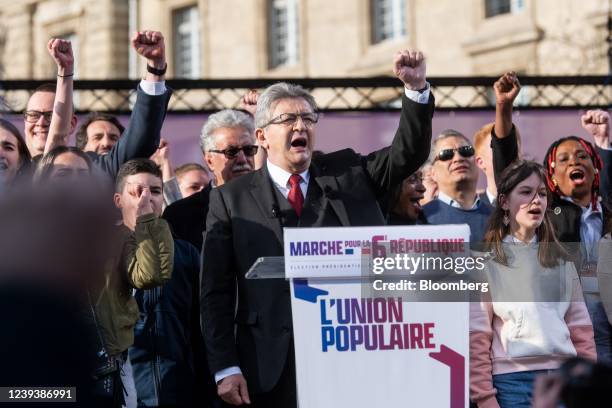 Jean-Luc Melenchon, leader of France Unbowed, at a rally for the establishment of a Sixth Republic, in Paris, France, on Sunday, March 20, 2022....