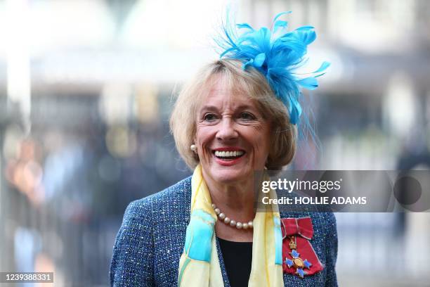 British journalist Esther Rantzen arrives to attend a service of Thanksgiving for the life and work of late British singer Dame Vera Lynn, at...