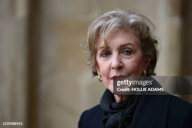 British actress Patricia Hodge arrives to attend a service of Thanksgiving for the life and work of late British singer Dame Vera Lynn, at...