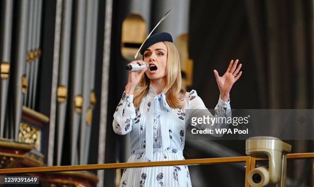 Katherine Jenkins sings during the Service of Thanksgiving for Forces' sweetheart Dame Vera Lynn at Westminster Abbey on March 21, 2022 in London,...