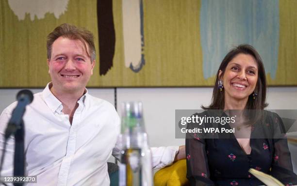 Nazanin Zaghari-Ratcliffe and Richard Ratcliffe attend a press conference hosted by their local MP Tulip Siddiq in the Macmillan Room, Portcullis...