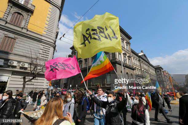 People, with a "Libera" flags, during the national demonstration in Naples in memory of the innocent victims of the mafia, organized by the "Libera"...
