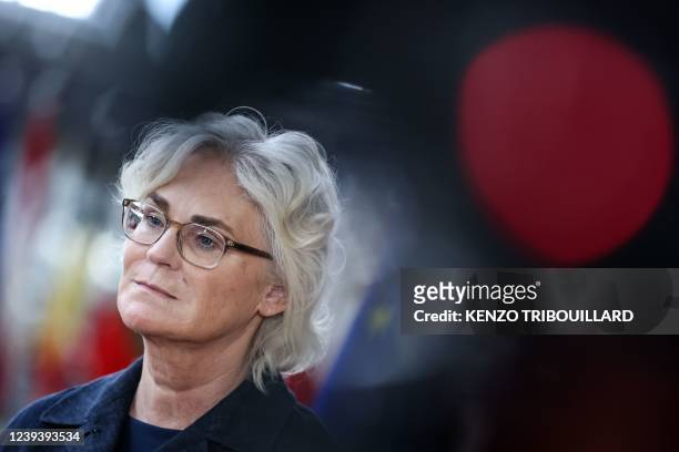 German Defence Minister Christine Lambrecht talks to the press before a Foreign Affairs Council meeting at the European Union headquarters in...