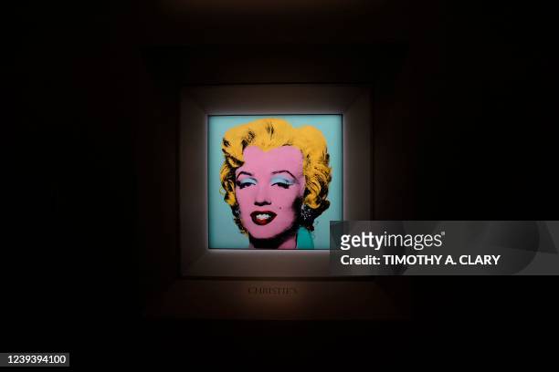 Andy Warhols 1964 Shot Sage Blue Marilyn.displayed during a press preview March 21, 2022 in New York. - The iconic Andy Warhol silk-screen portrait...