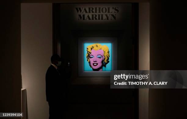 Andy Warhols 1964 Shot Sage Blue Marilyn.displayed during a press preview March 21, 2022 in New York. - The iconic Andy Warhol silk-screen portrait...