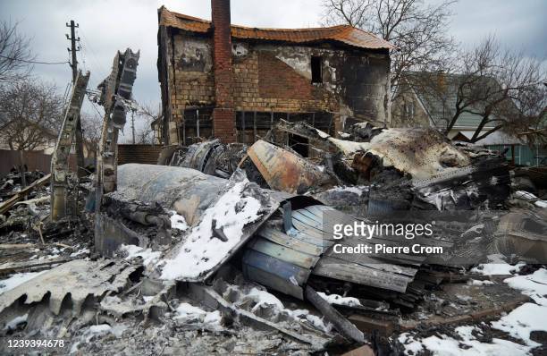The reamains of a downed Ukrainian fighter jet after crashing on a residential area on March 9, 2022 in Kyiv, Ukraine. Russia invaded Ukraine on 24th...