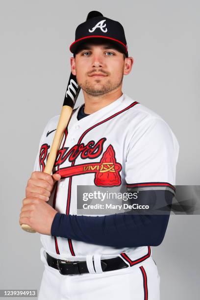 Austin Riley of the Atlanta Braves poses for a photo during the Atlanta Braves Photo Day at CoolToday Park on Thursday, March 17, 2022 in North Port,...