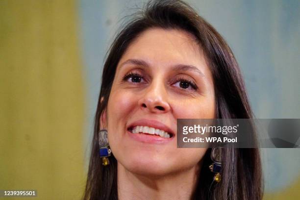 Nazanin Zaghari-Ratcliffe attends a press conference hosted by her local MP Tulip Siddiq in the Macmillan Room, Portcullis House, following her...