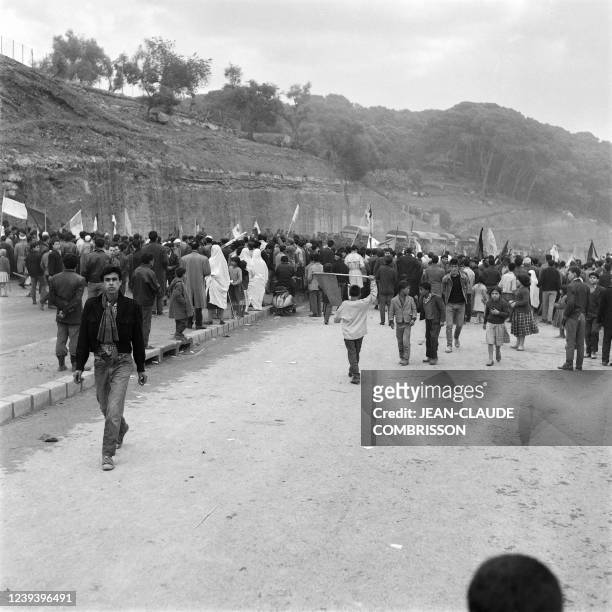 Thousands of Algerian Muslims demonstrate on December 11, 1960 in the European quarters of Algiers shouting "Yahia de Gaulle", "Algerian Algeria" and...