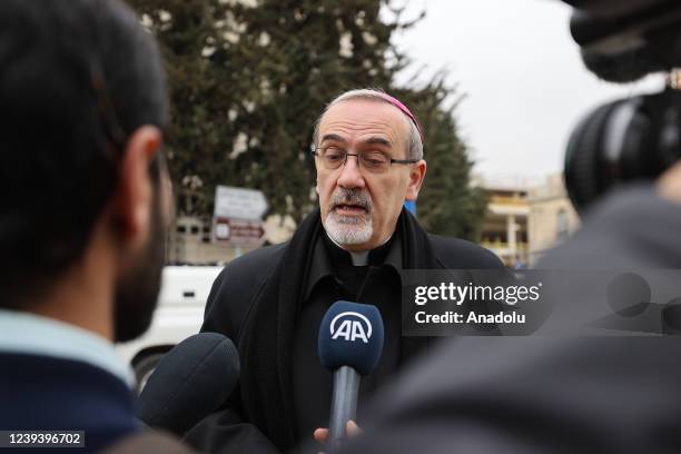 Latin Patriarch of Jerusalem Pierbattista Pizzaballa speaks to the press as leaders of Muslim, Christian, Jewish and Druze communities gathered...