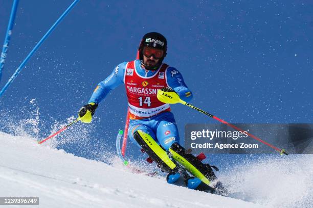 Tommaso Sala of Team Italy in action during the Audi FIS Alpine Ski World Cup Women's Slalom on March 19, 2022 in Courchevel, France.