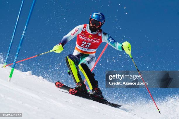 Joaquim Salarich of Team Spain in action during the Audi FIS Alpine Ski World Cup Women's Slalom on March 19, 2022 in Courchevel, France.