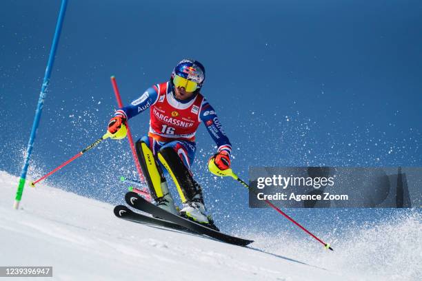 Alexis Pinturault of Team France in action during the Audi FIS Alpine Ski World Cup Women's Slalom on March 19, 2022 in Courchevel, France.