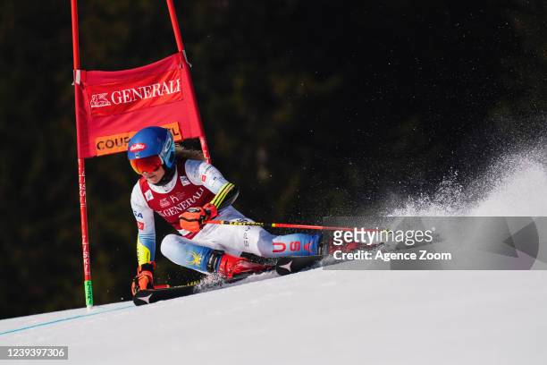 Mikaela Shiffrin of Team United States in action during the Audi FIS Alpine Ski World Cup Women's Giant Slalom on March 20, 2022 in Courchevel,...