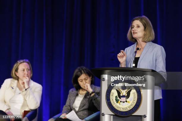 Cathy Feingold, director of the international department at the AFL-CIO, speaks during an opening plenary session at the Dialogue on the Future of...