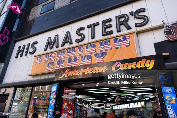 American candy shop on Oxford Street where once stood the flagship HMV record shop with it's famous His Masters Voice sign on 18th March 2022 in...