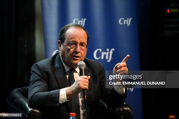 France's former President Francois Hollande speaks during the "France facing Antisemitism and Islamism" evening organized by the representative...