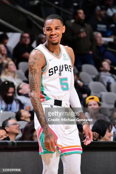 Dejounte Murray of the San Antonio Spurs smiles during the game against the Utah Jazz on March 11, 2022 at the AT&T Center in San Antonio, Texas....