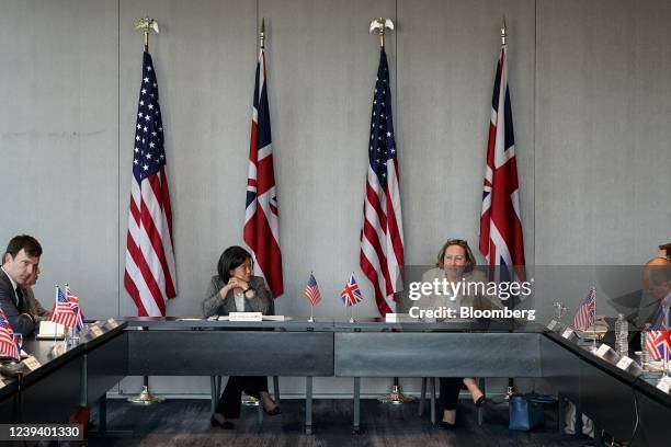 Anne-Marie Trevelyan, U.K. International development secretary, right, speaks beside Katherine Tai, U.S. Trade representative, during a roundtable...