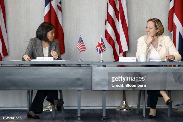 Katherine Tai, U.S. Trade representative, left, speaks beside Anne-Marie Trevelyan, U.K. International development secretary, during a roundtable...