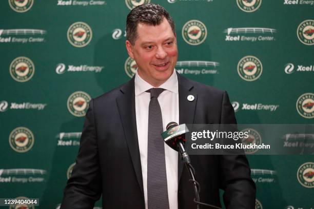 Minnesota Wild general manager Bill Guerin speaks at a press conference prior to the game against the Vegas Golden Knights at the Xcel Energy Center...