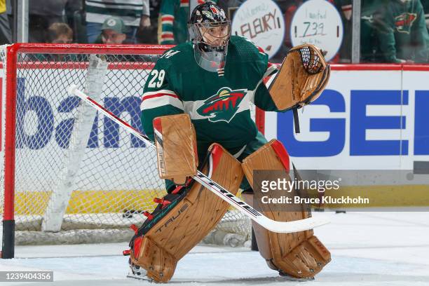 Marc-Andre Fleury of the Minnesota Wild warms up prior to the game against the Vegas Golden Knights at the Xcel Energy Center on March 21, 2022 in...
