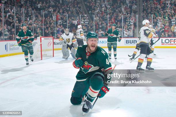 Nicolas Deslauriers of the Minnesota Wild celebrates after scoring a goal against the Vegas Golden Knights during the game at the Xcel Energy Center...