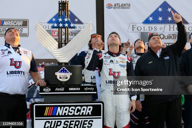 William Byron , team owner Rick Hendrick and Crew Chief Rudy Fugle celebrate in Victory Lane after the 64th Annual Folds of Honor QuikTrip 500 NASCAR...