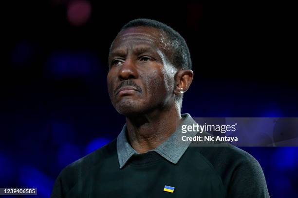 Head coach Dwane Casey of the Detroit Pistons looks on before the game against the Portland Trail Blazers at Little Caesars Arena on March 21, 2022...