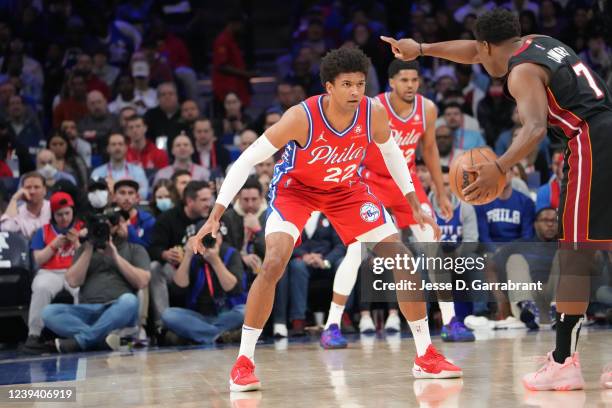 Matisse Thybulle of the Philadelphia 76ers plays defense against the Miami Heat on March 21, 2022 at Wells Fargo Center in Philadelphia,...