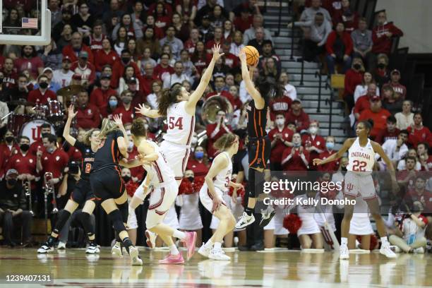 Kaitlyn Chen of the Princeton Tigers takes a shot against Mackenzie Holmes of the Indiana Hoosiers during the second round of the 2022 NCAA Women's...
