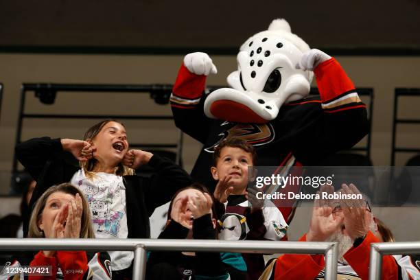 Wild Wing interacts with hockey fans during the game between the Anaheim Ducks and the Nashville Predators at Honda Center on March 21, 2022 in...