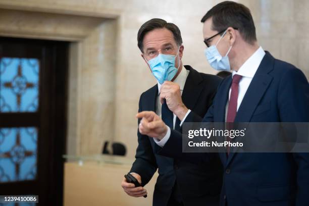 Dutch Prime Minister Mark Rutte meets Polish Prime Minister Mateusz Morawiecki at the Chancellery in Warsaw, Poland, on March 21, 2022.