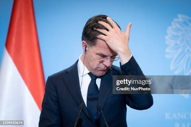 Dutch Prime Minister Mark Rutte joint press conference with Polish Prime Minister Mateusz Morawiecki at the Chancellery in Warsaw, Poland, on March...