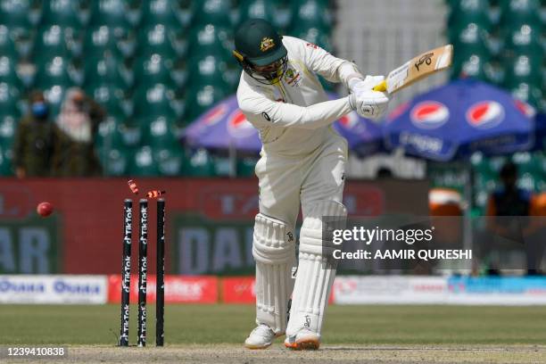 Australia's Nathan Lyon is bowled out off Pakistan's Naseem Shah during the second day of the third cricket Test match between Pakistan and Australia...