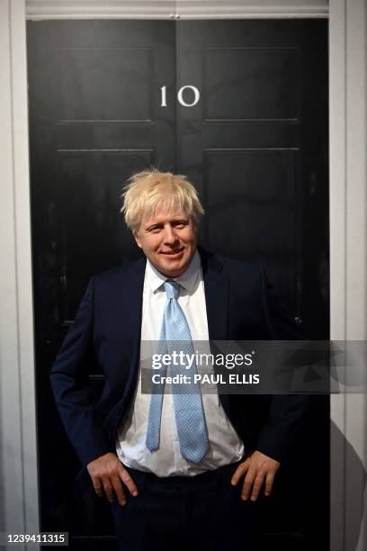 Waxwork figure of Britain's Prime Minister Boris Johnson is pictured during a photocall for its unveiling., at Madam Tussaud's in Blackpool, north...