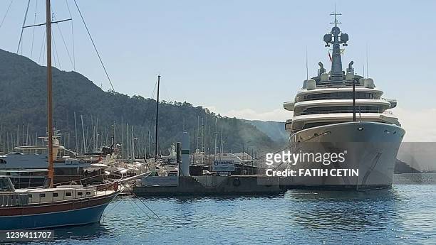 Luxury yacht "Eclipse", belonging to Russian oligarch Roman Abramovich, is docked at the Aegean coastal resort of Marmaris, district of Mugla, on...