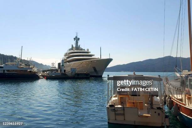 Luxury yacht "Eclipse", belonging to Russian oligarch Roman Abramovich, is docked at the Aegean coastal resort of Marmaris, district of Mugla, on...