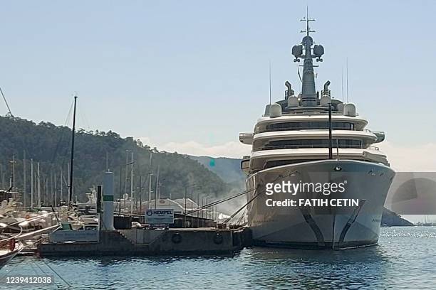 Luxury yacht "Eclipse", belonging to Russian oligarch Roman Abramovich, is docked at the Aegean coastal resort of Marmaris, district of Mugla, on...