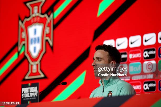 Portugal's forward Diogo Jota attends a press conference at Cidade do Futebol training camp in Oeiras, Portugal, on March 22 ahead of the 2022 World...