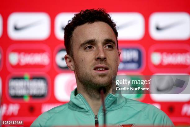 Portugal's forward Diogo Jota attends a press conference at Cidade do Futebol training camp in Oeiras, Portugal, on March 22 ahead of the 2022 World...