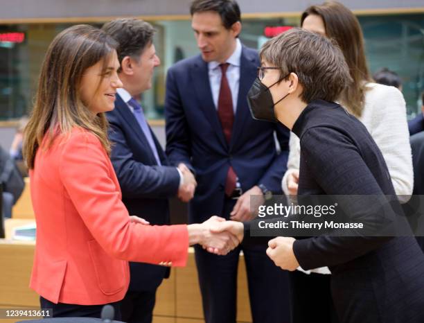 Hungarian Minister for justice Judit Varga talks with the Greek alternate Minister of Foreign Affairs Miltiadis Varvitsiotis, the Dutch Minister of...