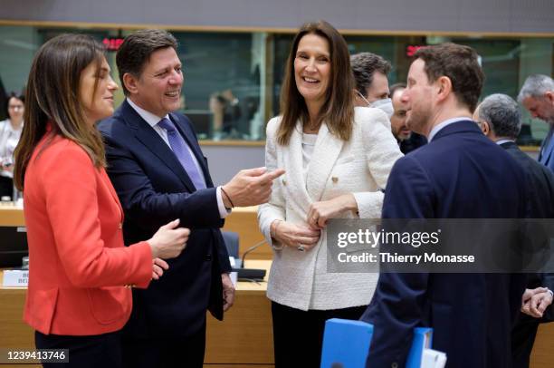 Hungarian Minister for justice Judit Varga talks with the Greek alternate Minister of Foreign Affairs Miltiadis Varvitsiotis, the Belgium Deputy...