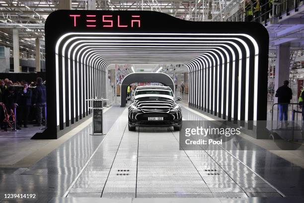 Newly completed Tesla electric cars at the official opening of the new Tesla electric car manufacturing plant on March 22, 2022 near Gruenheide,...