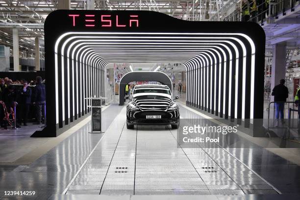 Newly completed Tesla electric cars at the official opening of the new Tesla electric car manufacturing plant on March 22, 2022 near Gruenheide,...