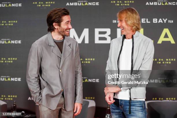 Jake Gyllenhaal and Michael Bay attend the "Ambulance" Film Talk at Ritz Carlton on March 22, 2022 in Berlin, Germany.