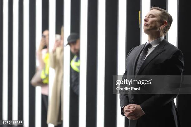 Tesla CEO Elon Musk during the official opening of the new Tesla electric car manufacturing plant on March 22, 2022 near Gruenheide, Germany. The new...