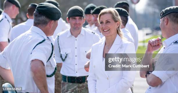 Sophie, Countess of Wessex, Royal Colonel, 5 Rifles, poses in the Battalion photograph during a visit to the Battalions headquarters on March 22,...